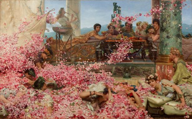 Das Gemälde „Die Rosen von Heliogabal“ zeigt ein dekadentes Fest, bei dem die Gäste unter Rosenblättern ersticken.