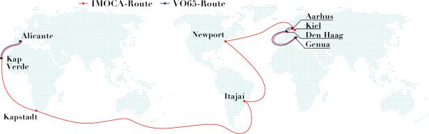 Eine Weltkarte zeigt die Routen der IMOCA- und VO65-Segelregatten mit Start- und Zielorten wie Alicante, Kapstadt und Genua.