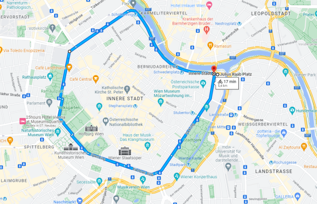 Eine Karte von Wien mit einem hervorgehobenen Radweg entlang der Ringstraße.