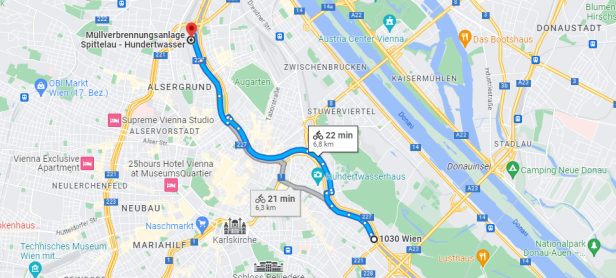 Eine Karte des Donaukanalradwegs in Wien.
