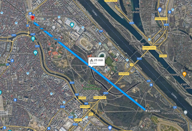 Eine Karte, die einen Radweg von der Hauptallee zum Lusthaus im Wiener Prater zeigt.