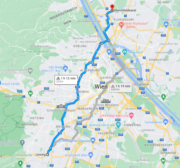 Eine Karte von Wien mit zwei Routen, die mit dem Fahrrad befahren werden können.