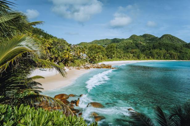 Ein tropischer Strand mit weißem Sand, türkisfarbenem Wasser und üppiger Vegetation.