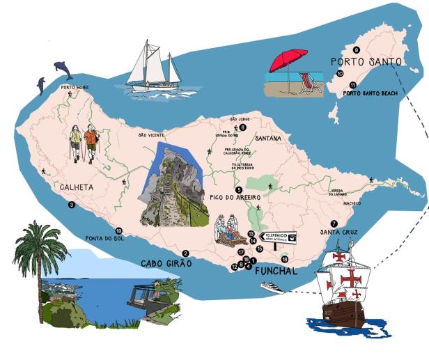 Eine illustrierte Karte von Madeira und Porto Santo mit Sehenswürdigkeiten und Wanderwegen.
