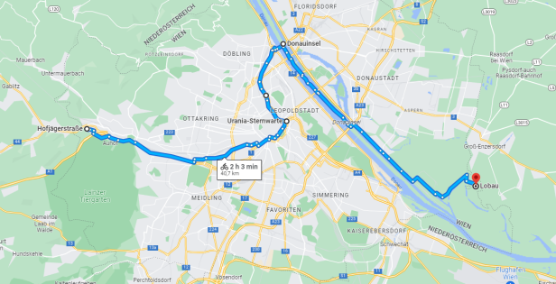 Eine Radroute von der Hofjägerstraße zur Lobau auf einer Karte von Wien.