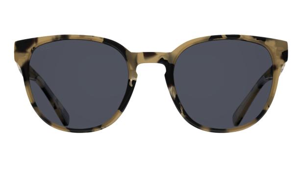 Eine Sonnenbrille mit grau getönten Gläsern und einem Rahmen im Schildpattmuster.
