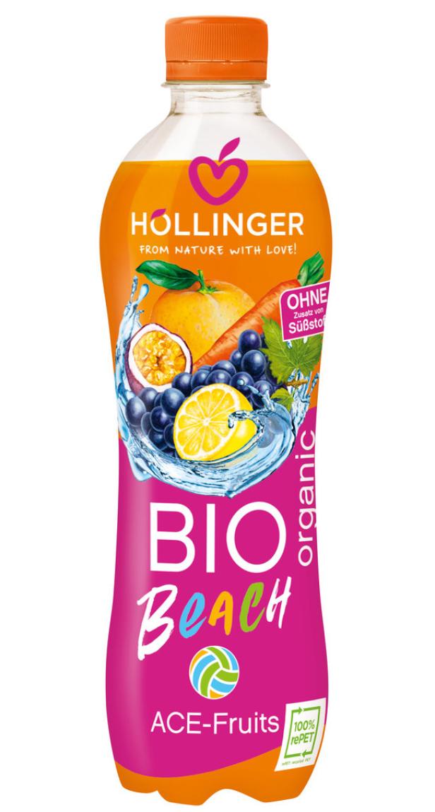 Eine Flasche „Bio Beach“ ACE-Fruchtsaft von Hollinger mit verschiedenen Früchten abgebildet.