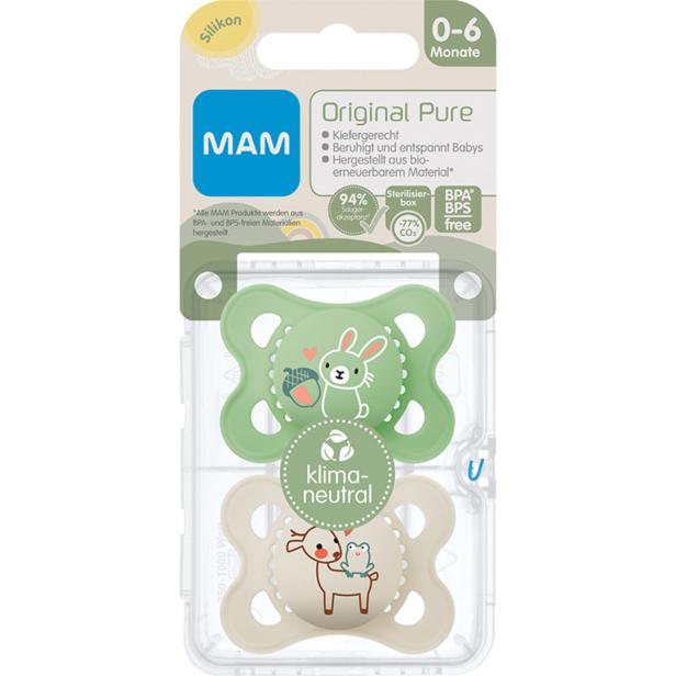Zwei MAM Original Pure Schnuller in einer Verpackung, einer mit Hasenmotiv, der andere mit Reh und Frosch.