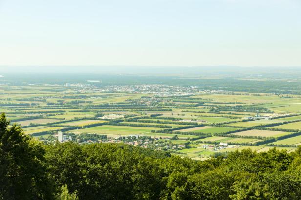 Blick über Felder und Wiesen auf Tulln an der Donau, Niederösterreich.