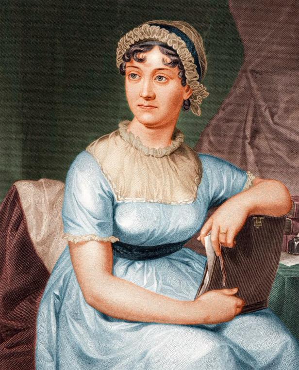 Ein Porträt von Jane Austen, die ein blaues Kleid und eine Haube trägt und ein Buch hält.