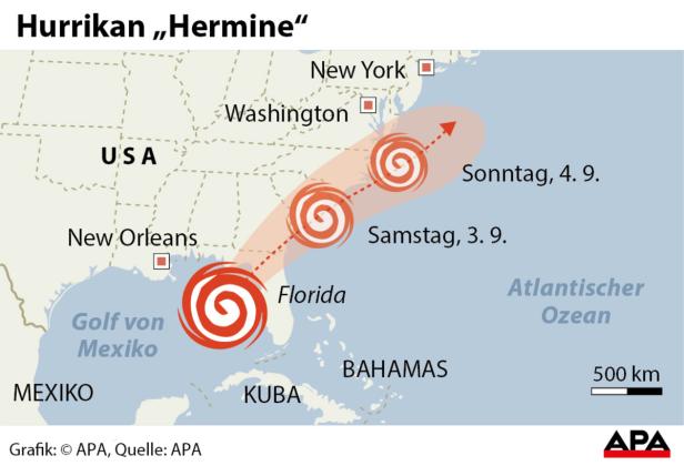 Eine Karte, die den Verlauf des Hurrikans „Hermine“ über Florida und den Atlantik zeigt.