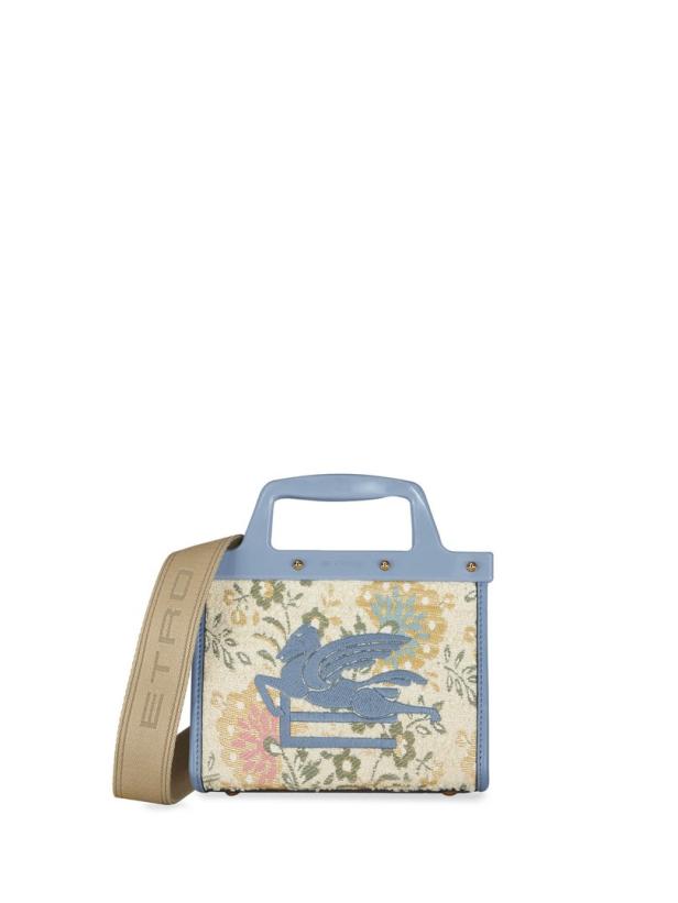Eine Etro Handtasche mit Blumenmuster und einem blauen Pegasus-Logo.