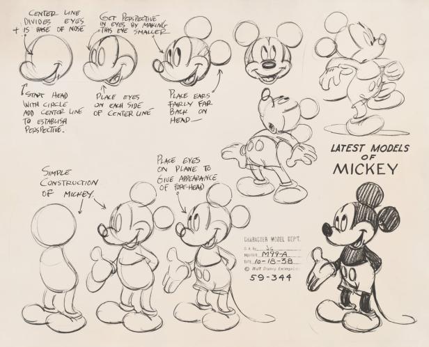 Eine Skizze von Micky Maus, die verschiedene Modellierungsphasen und Posen zeigt.