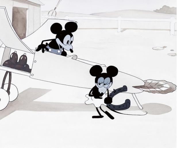 Micky Maus und eine andere Mausfigur hantieren an einem Flugzeug mit einem Hufeisen.