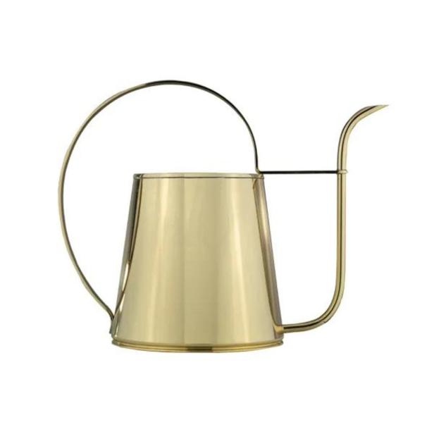 Eine goldene Gießkanne mit langem, gebogenem Auslauf.