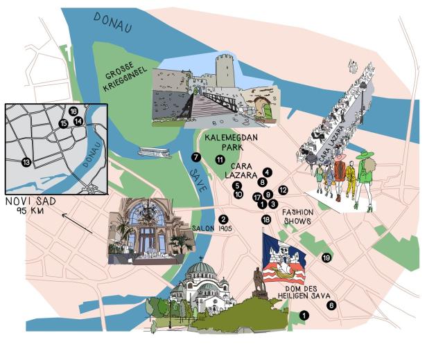 Eine illustrierte Karte von Belgrad mit Sehenswürdigkeiten wie Kalemegdan Park und dem Dom des Heiligen Sava.