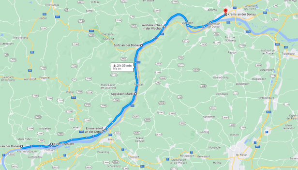 Eine Karte zeigt eine Route von Klein-Pöchlarn nach Krems an der Donau.