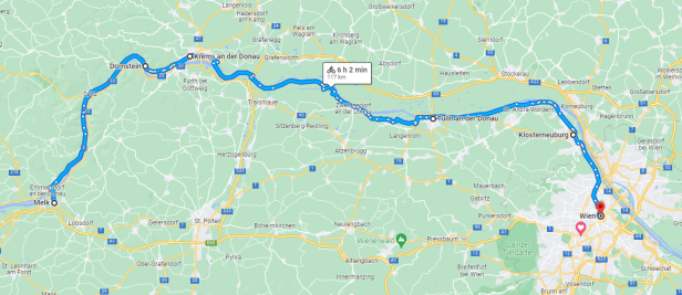Eine Radroute von Melk über Krems und Tulln nach Wien auf einer Karte dargestellt.