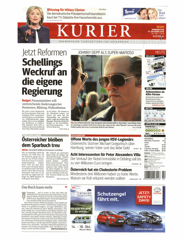 Titelseite der österreichischen Tageszeitung „Kurier“ vom 15. Oktober 2015.