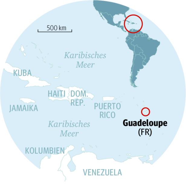 Eine Karte der Karibik mit Hervorhebung von Guadeloupe, einer französischen Inselgruppe.
