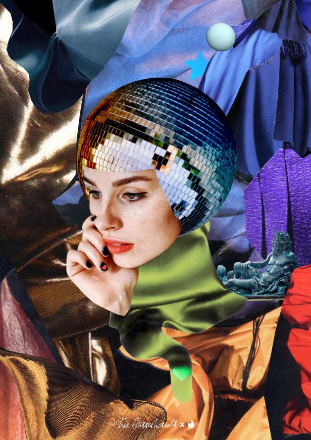 Ein digitales Collage-Porträt einer Frau mit einer Discokugel als Kopfbedeckung.