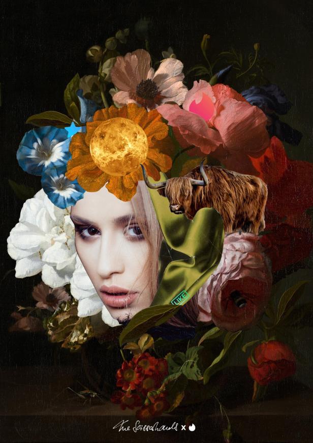 Ein digitales Kunstwerk mit dem Gesicht einer Frau, Blumen und einem schottischen Hochlandrind.