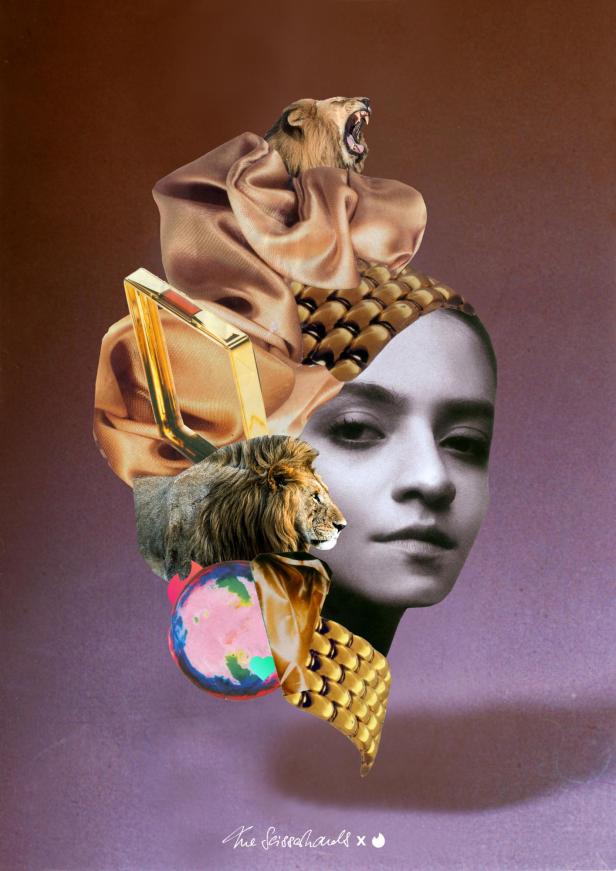Eine Collage mit dem Porträt einer Frau, verziert mit goldenen Accessoires und Löwen.
