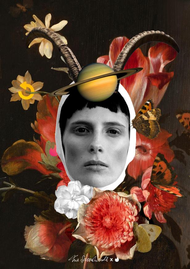 Ein Porträt einer Frau mit Blumen, Schmetterlingen, Hörnern und einem Saturn-artigen Planeten.