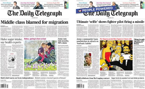 Zwei Ausgaben von „The Daily Telegraph“ mit Schlagzeilen zu verschiedenen Themen.