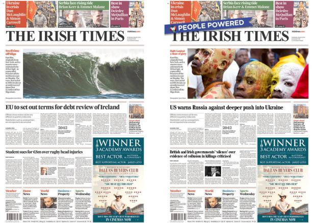 Titelseite der „Irish Times“ mit Artikeln über die Ukraine, Irland und einen Surfer vor der Küste von Sligo.