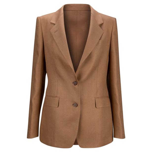 Ein brauner Blazer mit zwei Knöpfen vor einem weißen Hintergrund.