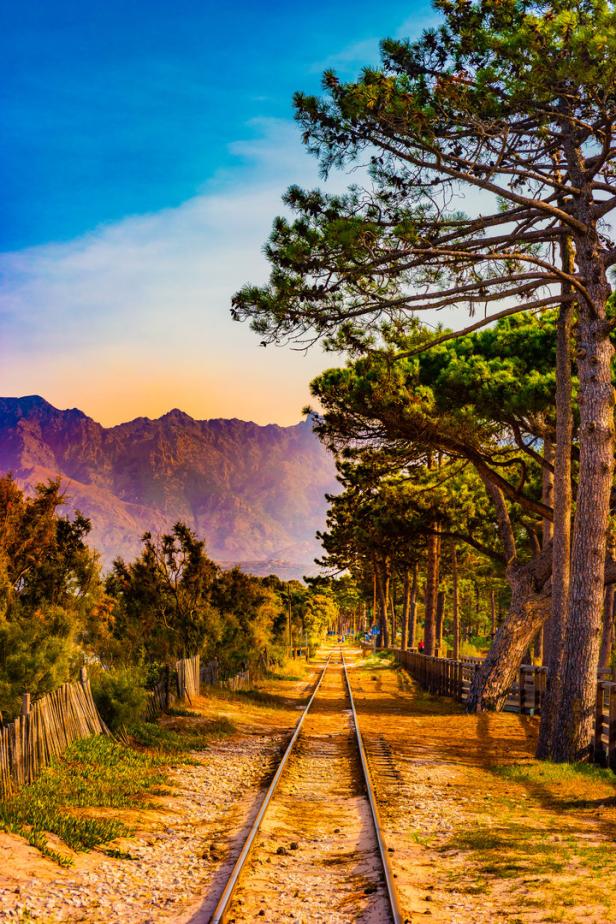 Eine Bahnstrecke führt durch eine Waldlandschaft in Richtung eines Bergmassivs.
