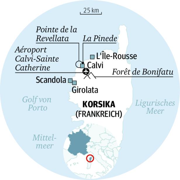 Eine Karte von Korsika (Frankreich) mit hervorgehobenen Städten und geografischen Merkmalen.