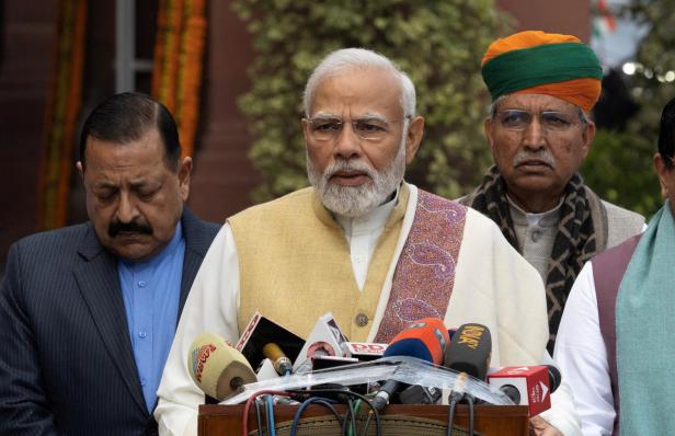 FILE PHOTO: India's Prime Minister Modi speaks with the media inside the parliament premises on the first day of the budget session in New Delhi