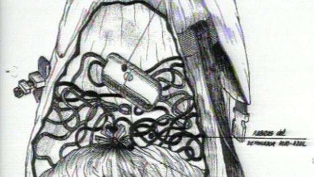 Eine Illustration eines Kleidungsstücks mit dekorativen Elementen und einem zylindrischen Objekt.