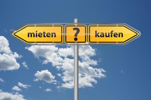 Ein Wegweiser zeigt nach links „mieten“ und nach rechts „kaufen“.