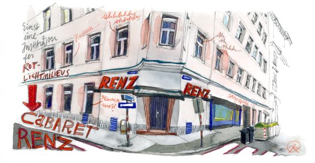 Eine Aquarellzeichnung des Cabaret Renz, einer Institution des Rotlichtmilieus.