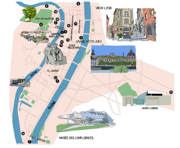 Eine illustrierte Karte von Lyon, Frankreich, mit Sehenswürdigkeiten wie dem Musée des Confluences und Vieux Lyon.