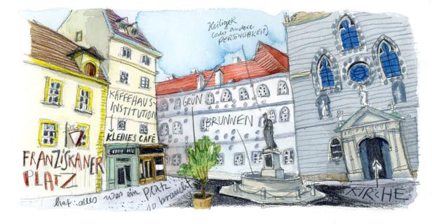 Eine Aquarellzeichnung des Franziskanerplatzes in Wien mit Cafés, einem Brunnen und einer Kirche.