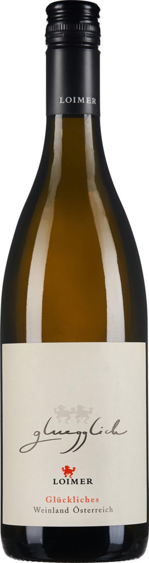 Eine Flasche „Glückliches“ Weißwein vom Weingut Loimer aus Österreich.