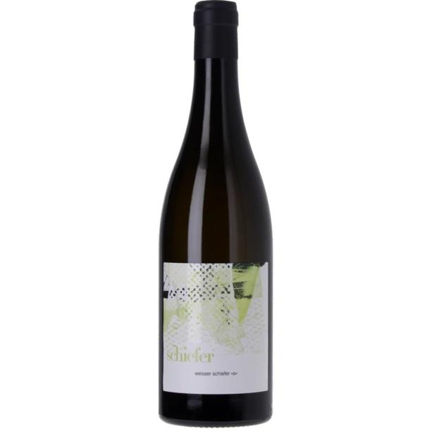 Eine Flasche „Schiefer weisser Schiefer S“ Weißwein steht auf einem weißen Hintergrund.