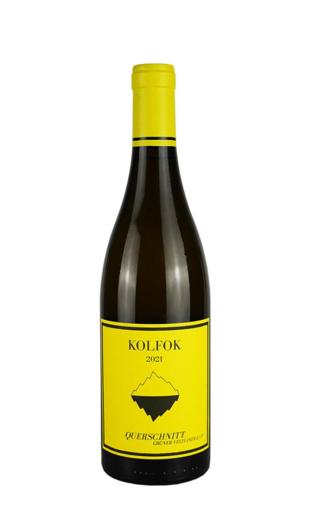 Eine Flasche „Kolfok Querschnitt Grüner Veltliner“ Weißwein des Jahrgangs 2021.