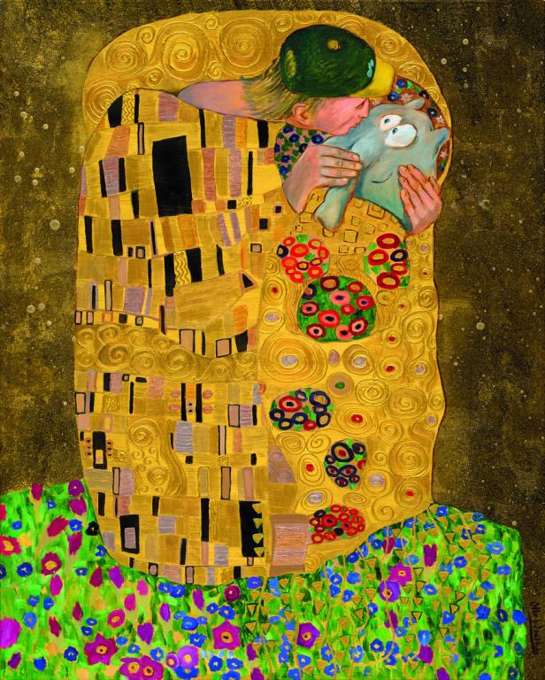 Eine stilisierte Darstellung eines Kusses, ähnlich wie Gustav Klimts „Der Kuss“, aber mit einer Person und einem Cartoon-Charakter.