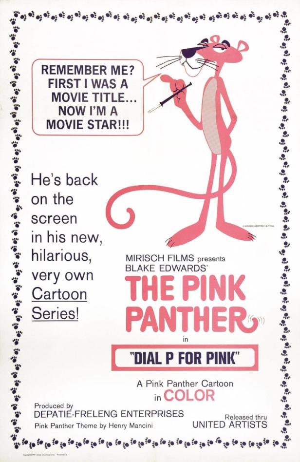 Ein Filmposter für „Der rosarote Panther in „Wähl P für Pink“ mit dem rosaroten Panther-Cartooncharakter.