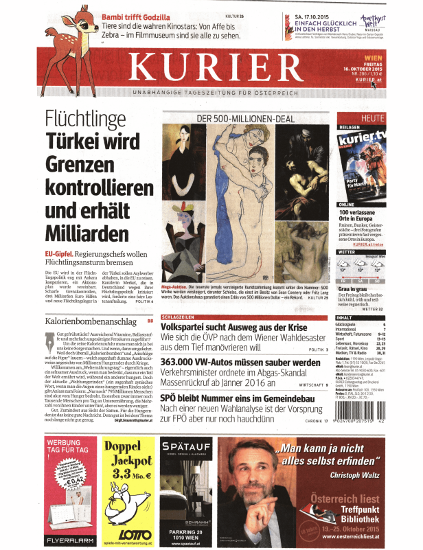 Titelseite der Zeitung „Kurier“ vom 16. Oktober 2015.