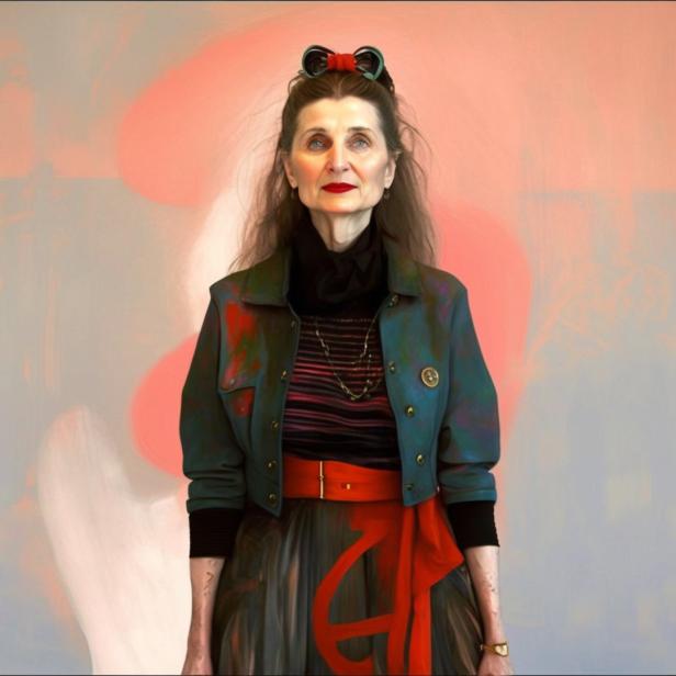 Eine ältere Frau mit rotem Lippenstift und Schleife im Haar trägt eine grüne Jacke und einen roten Gürtel.