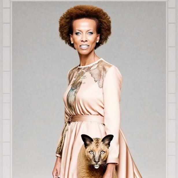 Eine Frau in einem rosa Kleid mit einem Puma an ihrer Seite.
