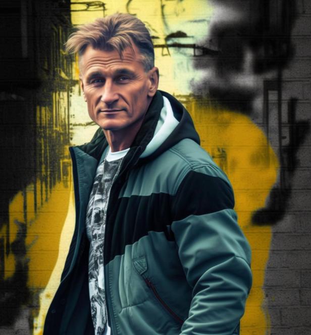 Ein Mann mit kurzer, blond-brauner Frisur und einer blaugrünen Jacke vor einer graffitibesprühten Wand.