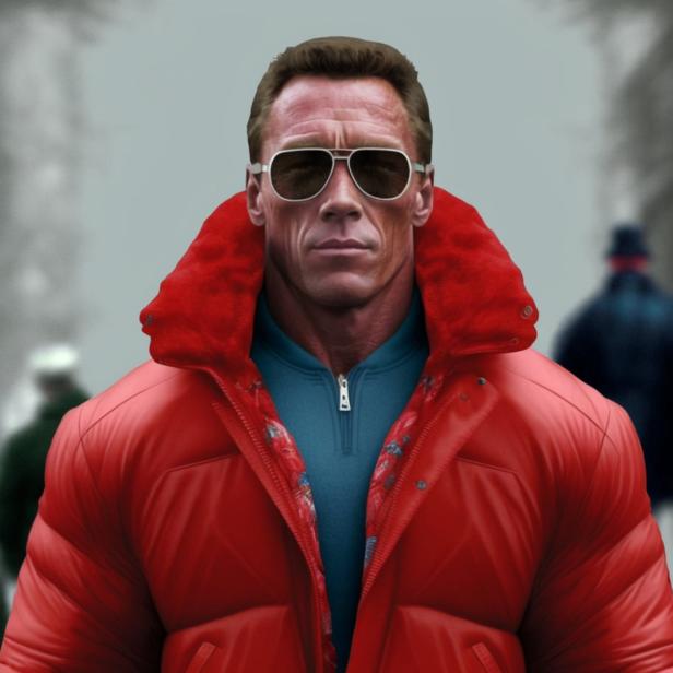 Ein Mann mit Sonnenbrille und roter Jacke steht auf der Straße.