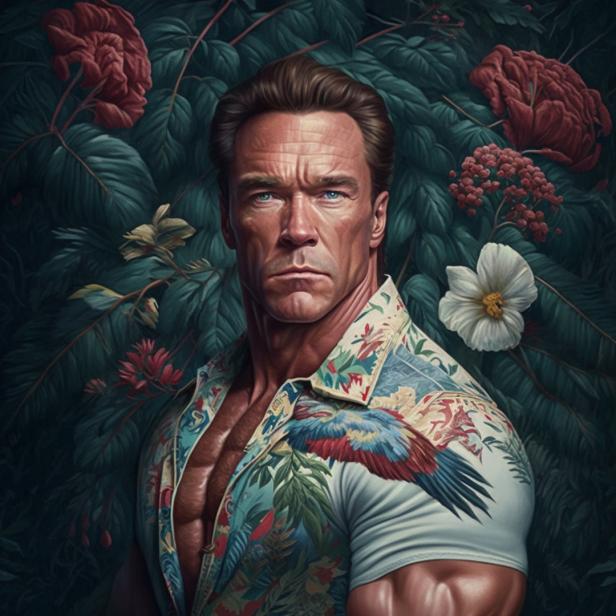 Ein Porträt von Arnold Schwarzenegger vor einem Hintergrund aus tropischen Pflanzen und Blumen.